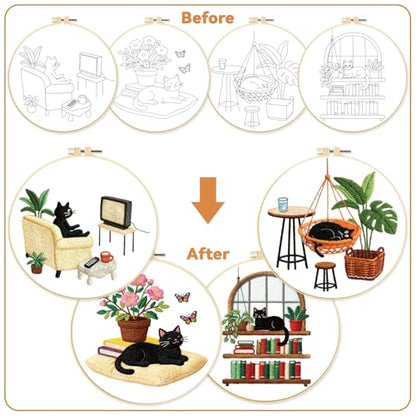 BEUNITONE 4 Set Embroidery Kit for Beginners, Daily Life of Cats Patterns Cross Stitch Kits, Needlepoint Kits for Adults with Hoop, Cute Hand Embroidery Patterns for Cloth and Home Decor - style: A-Cat-03