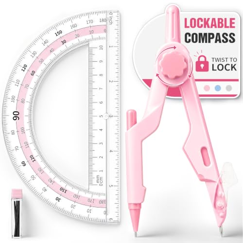 Sooez Lockable Compass and Protractor Set, Metal Compass Drawing Tool - color: Pink