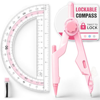 Sooez Lockable Compass and Protractor Set, Metal Compass Drawing Tool - color: Pink