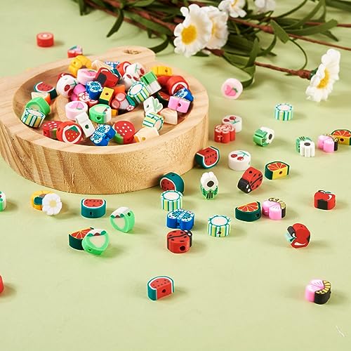 200Pcs Fruit Flower Clay Apple Strawberry Lemon Peach Watermelon Polymer Clay Daisy Cactus Butterfly Ladybug Clay Spacer Beads for DIY Bracelet Necklace Jewelry Making - color: Mixed Shape