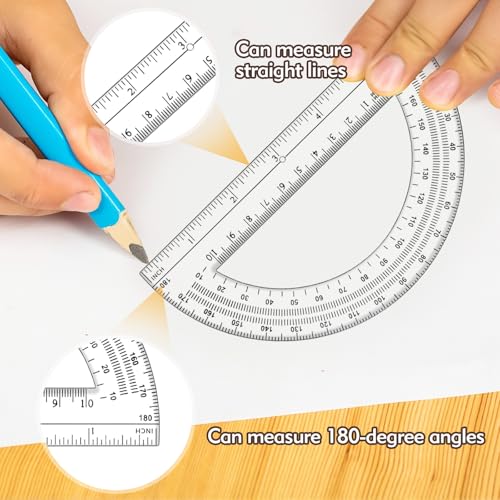 3 Pcs Clear Protractor and Compasses Set, Plastic Clear Ruler 12 Inch