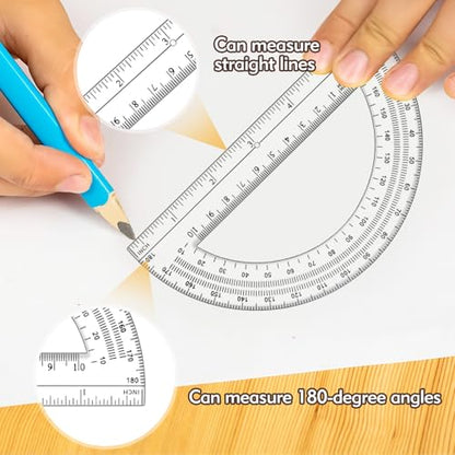 3 Pcs Clear Protractor and Compasses Set, Plastic Clear Ruler 12 Inch