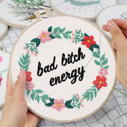 Louise Maelys Funny Quote Embroidery Kit for Beginners Floral Wreath DIY - color: Pattern 23