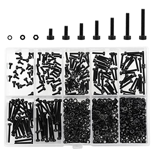 HELIFOUNER 560 Pieces M2 x 4mm /6mm /8mm /10mm /12mm /16mm /20mm, Hex Socket Head Cap Screws Bolts Washers Nuts Kit, 12.9 Grade Alloy Steel, Full Threaded, Black - size: M2, style: Socket Head
