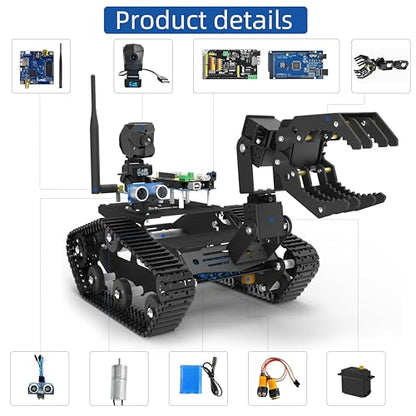 Smart Robot Car Kit with Robotic Arm HD Camera for Mega 2560, Utility Intelligent Tank Chassis Robotics Vehicle, Smart Learning & Educational Robot Toys by iOS Android PC Controlled