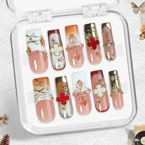 Luxury Soft Pink Press On Nails 10pcs, Handmade Acrylic Square Tips with 3D Floral Art, Gold Mirror Motif & Pearl Details, Elegant Ombre Design for Weddings, Parties & Daily Wear – Appife - color: Divine Charm, size: M