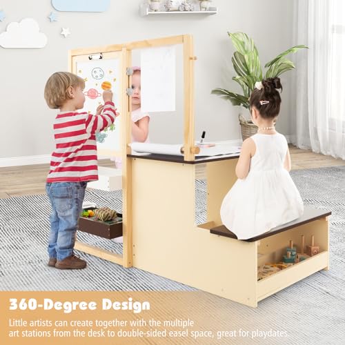HONEY JOY Kids Art Easel, 6-in-1 Wooden Double-Sided Toddler Table & Chair Set w/Adjustable Magnetic White Board & Chalkboard, Paper Roll, Bookshelf, Storage, Kids Art Table and Chair (Coffee) - style: Coffee