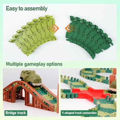 GIAT 96 Pcs Dinosaur Car Track Expansion Kit – Birthday Gift for Boys & Kids Ages 3 4 5 6 7, Compatible with Most Dino Flexible Tracks, Add-On Accessory Toy for Building Dinosaur Raceway - color: Green Dinosaur Tracks