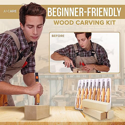 JJ CARE Wood Carving Kit [8 SK7 Carving Knives with Beechwood Handle, 10 Basswood Carving Blocks, Carrying Case, Whittling Book], Beginner Wood Carving Kit - size: Set B