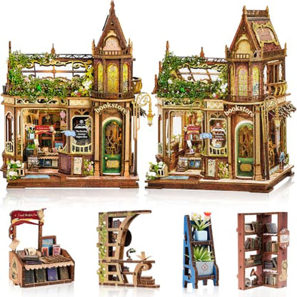 CRIOLPO Book Nook Kits Miniature House Kit for Adults with LED Lights - color: Huaying Bookstore