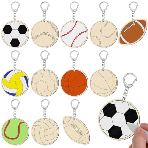 Trnayi 36 Pcs Sports Ball Unfinished Wood Keychains Color Your Own Craft - style: Sports