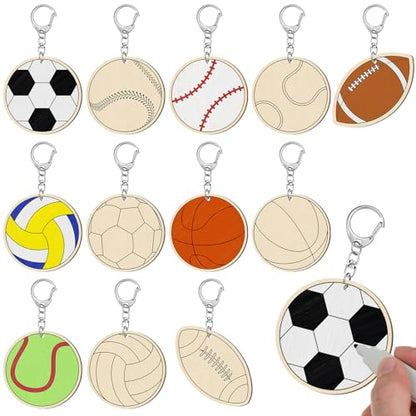Trnayi 36 Pcs Sports Ball Unfinished Wood Keychains Color Your Own Craft - style: Sports