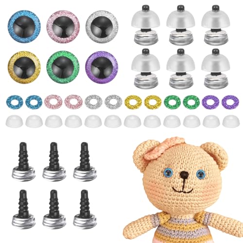 MECCANIXITY 12 Pcs Glitter Safety Eyes, 9mm Plastic 3D Crochet Doll Eyes with Washers and Drawstring Bag for Puppet Bear DIY Crafts Stuffed Animals Making Supplies, 6 Colors - color: 6 Colors
