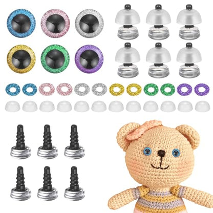 MECCANIXITY 12 Pcs Glitter Safety Eyes, 9mm Plastic 3D Crochet Doll Eyes with Washers and Drawstring Bag for Puppet Bear DIY Crafts Stuffed Animals Making Supplies, 6 Colors - color: 6 Colors