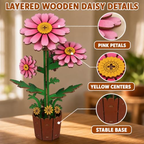 Evankin 3D Wooden Flower Daisy Puzzle Kit, DIY Bouquet Model - color: Daisy