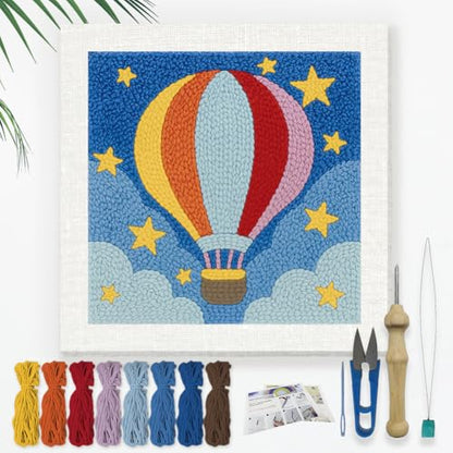 DOODLREAM Hot Air Balloon DIY Punch Needle Embroidery Kit for Adult Beginner, 9.4" Stars Punch Stitching Craft Set for Starter with Frame, Fabric Pattern, Threader, Yarn, Pinch Needle - color: Hot Air Balloon