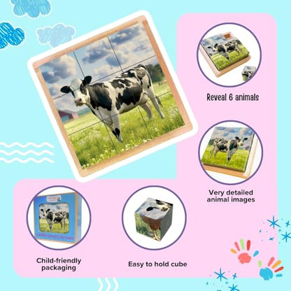 6-in-1 Wooden Animal Puzzle – Montessori Cube Toy for Kids – Realistic Farm Animals Educational Wood Blocks for Children Ages 3 and Up - style: Farm Animals