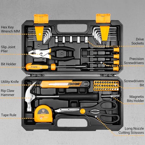 62-Piece Household Tool Set：Small Basic Home Tool Kit with Plastic Toolbox, Hand Tools with Storage Case DEKOPRO