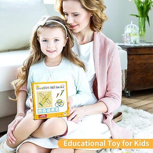 HEELWIRE Wooden Geoboard, Montessori Educational Toy for Kids with Pattern Cards and Rubber Bands to Figures and Shapes, Brain Teaser STEM Geo Board - size: 7*7*0.6 in Plus