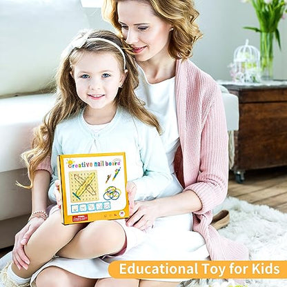 HEELWIRE Wooden Geoboard, Montessori Educational Toy for Kids with Pattern Cards and Rubber Bands to Figures and Shapes, Brain Teaser STEM Geo Board - size: 7*7*0.6 in Plus