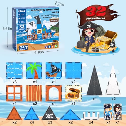 Bmag Magnetic Tiles for Kids,32 PCS Pirate Set with 3D Magnet Building Blocks, STEM Educational Toys for Preschool Learning, Gift for Boys & Girls Age 3 4 5+ - size: 32Pcs