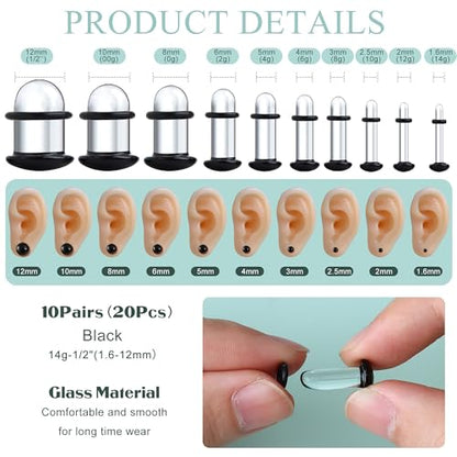 GEMQUEEN 24 Pcs 0.5mm Increments Glass Ear Stretching Kit Hypoallergenic - color: Black, size: 20pcs|1.6mm-12mm(14g-1/2''), not 0.5mm increments