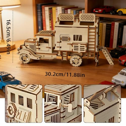 3D Wooden Puzzle, RV Model Kit for Adults & Teens, DIY Mechanical Wooden Model Kits, 11.88in X 6.49in Brain Teaser, Creative Wood Craft Puzzle Gift & Desk Decor