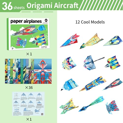 Vexorith Paper Airplane Kit for Kids Ages 8-12, 5-8 – 36 Designer Origami Papers with 12 Flying Plane Styles, STEM Craft & Educational Toy Gift for Boys Girls