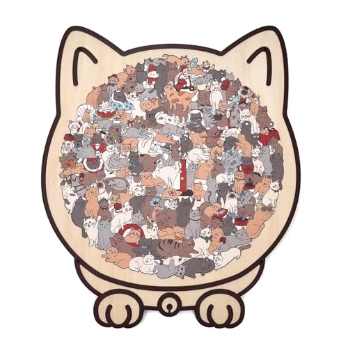 135 Pcs Cat Shaped Wooden Jigsaw Puzzle with Frame & Acrylic Cover, Maillard Color Animal Puzzle for Adults, Cute Cat Lover Gifts for Home Decor & Mindful Relaxation - color: Maillard Cat01