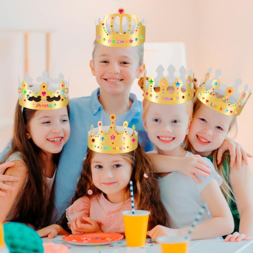 Gold Paper Crowns, Diy Birthday King Crowns Craft to Decorate, Paper Prince Princess Crown Hats for School Classroom - style: 18 (10 Crowns+8 Sticker Gems)