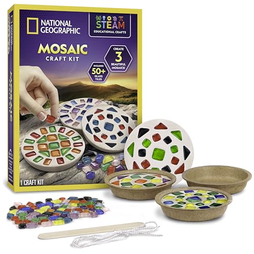 National Geographic Mosaic Arts and Crafts Kit for Kids - Mosaic Kit for Creating 3 Glass Tile Mosaic Art Projects, Includes Glass Tiles, Templates, Plaster & More, Art Supplies, Mosaic Kits for Kids - style: Mosaic Craft Kit