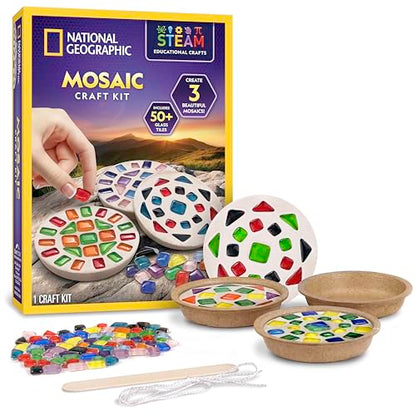 National Geographic Mosaic Arts and Crafts Kit for Kids - Mosaic Kit for Creating 3 Glass Tile Mosaic Art Projects, Includes Glass Tiles, Templates, Plaster & More, Art Supplies, Mosaic Kits for Kids - style: Mosaic Craft Kit
