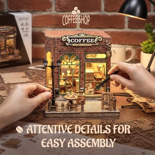 Coffee Shop Book Nook Kit DIY Miniature House with LED Lights, 3D Wooden Puzzle Bookshelf Insert for Adults, Double Door Mini Dollhouse Building Kit, Creative Home Decor Gift for Women & Men - style: Coffee Shop
