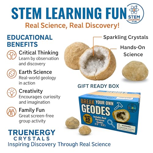 TruEnergy Jumbo Break Your Own Geodes – 2 Massive Natural Crystal Geodes 4.5 to 6.5 Inch, Easy Crack-Open Geology Specimens – Magnifying Glass & Geologist Guide – Gift Ready - [Jumbo] - size: JUMBO (4.5"-6.5")