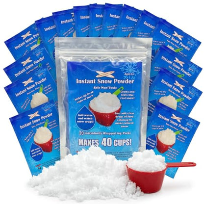 Instant Snow Powder - 20 Ind. Packs (10g) Makes Approx. 40 Cups Fluffy Fake Snow. Reusable, Non-Toxic, Perfect for Science Experiments, Holiday Decor, Sensory Play, Party Favors