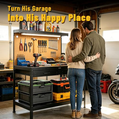 Pterying Garage Workbench with LED Light Bar, Pegboard, 2 Drawers