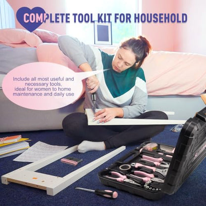 Sundpey 148 Pcs Portable Basic Hand Repair Home Tool Kit Set with Case Pink - color: Pink