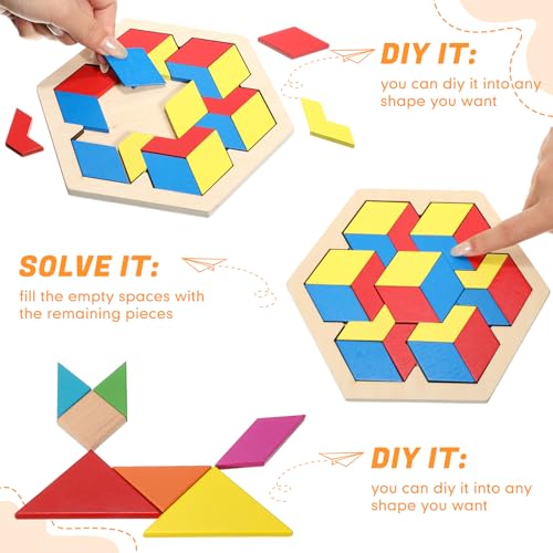 Jerify 8 Pack Wooden Tangram Puzzle for Kids, Wooden Hexagon Puzzles Block
