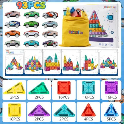 Mini Magnetic Tiles 93PCS Set with 12 Cars, STEM Building Blocks for Kids - size: 93PCS