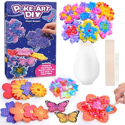 MDINGTD Toys for 3 4 5 6 7 8+ Year Old Girls, Poke Art Flower Bouquet with 8 Flowers & 2 Butterflies Arts and Crafts for Girls Ages 3-8 DIY Creative Activity Birthday Valentine Gifts Craft Kits - style: Flower Bouquet