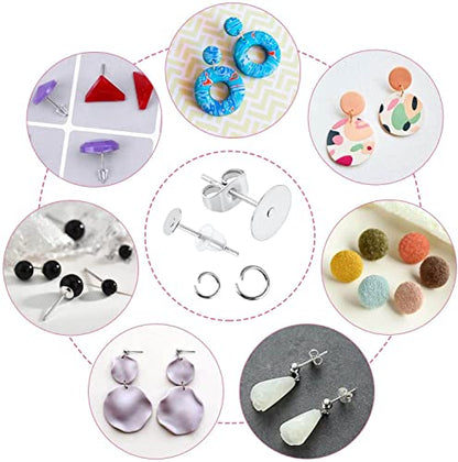 Caffox Hypoallergenic Earring Posts and Backs, 1800pcs Stainless Steel Stud Earring Kit with Earring Base Studs, Earring Backs and Jump Rings for Clay, Resin, Pearls, Jewelry Making and Crafting - color: Silver