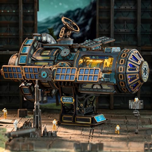 Celestigon Station Self-Running Motorized DIY Miniature House Kit w/LED Light – Interstellar Space Station Dollhouse Kit – Wood 3D Puzzles Tiny House Book Nook for Christmas Birthday Gifts