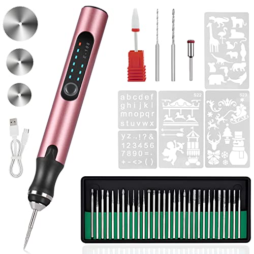 Electric Engraving Pen with 37 Bits, USB Rechargeable Cordless Engraving Machine, Portable DIY Rotary Engraver for Jewelry Wood Glass Stone Carving (Rose red)