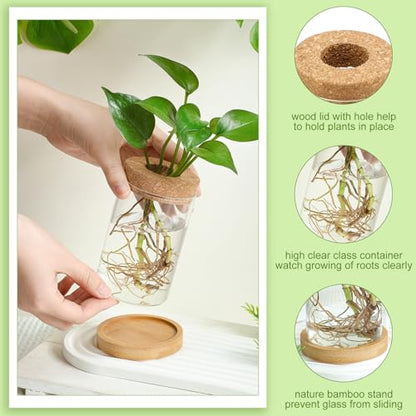 Layhit 4 Pcs Plants Propagation Stations vases Glass Planters with Wooden Lid and Bamboo Stand for Hydroponic Plants Gardening Gifts for Women Mom Home Office Tabletop Decoration(Novelty Style) - style: Novelty Style
