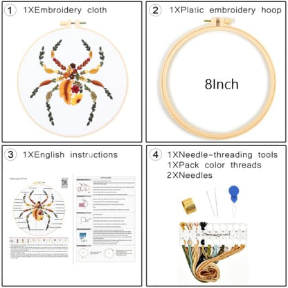 Fall Spider Embroidery Kits for Beginners Adults, Autumn Halloween Embroidery Starters Kits, Stamped Cross Stitch Kits Needlepoint Kits for Beginners Adults, Embroidery Hoop, Thread and Video Tutorial - color: H2128