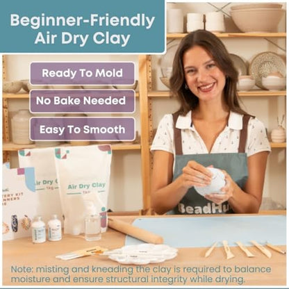 Pottery Kit for Beginners, 4.4LBS Air Dry Clay for Adults with Sculpting Tools, Paint, Glaze, 2kg Air-Dry Modeling Clay | Molding, Sculpt & Painting Set, Hobby Date Night DIY Art Craft Kits (White) - color: A White