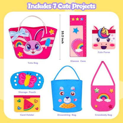 MGparty My First Kids Sewing Kit, DIY Arts & Crafts Set with 7 Felt Bag Projects, Beginner Sewing Activities for Kids Ages 5+, Creative Learning Craft Kit, Birthday Gifts for Boys & Girls