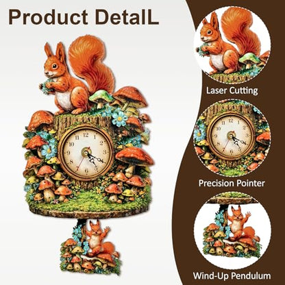 3D Wooden Puzzle Squirrel Clock Mechanical DIY Model Kit with Pendulum Forest Animal Gear Desk Clock Mushroom Decor Challenging Craft Gift for Adults Men Women