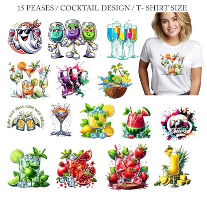 Cocktail DTF Transfers–Heat Press Ready Iron on Gang Sheet for T-Shirts & Hoodies – Summer Drink Sublimation Transfer–Beverage PNG Bundle–DTF Ready Design–Funny Beer Wine Graphics for Adults - color: Cocktail Design