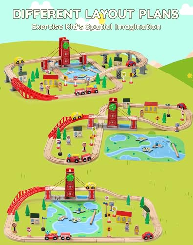 SainSmart Jr. Wooden Train Set for Toddler, Double-Side Wood Train Track with 4 Trains Fits Brio, Thomas, Melissa and Doug, Toy Railway Kit for Kids Ages 3+ - style: Classic or Traditional